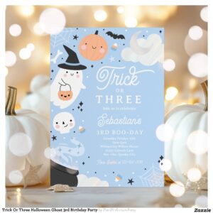 Trick Or Three Halloween Ghost 3rd Birthday Party Invitation