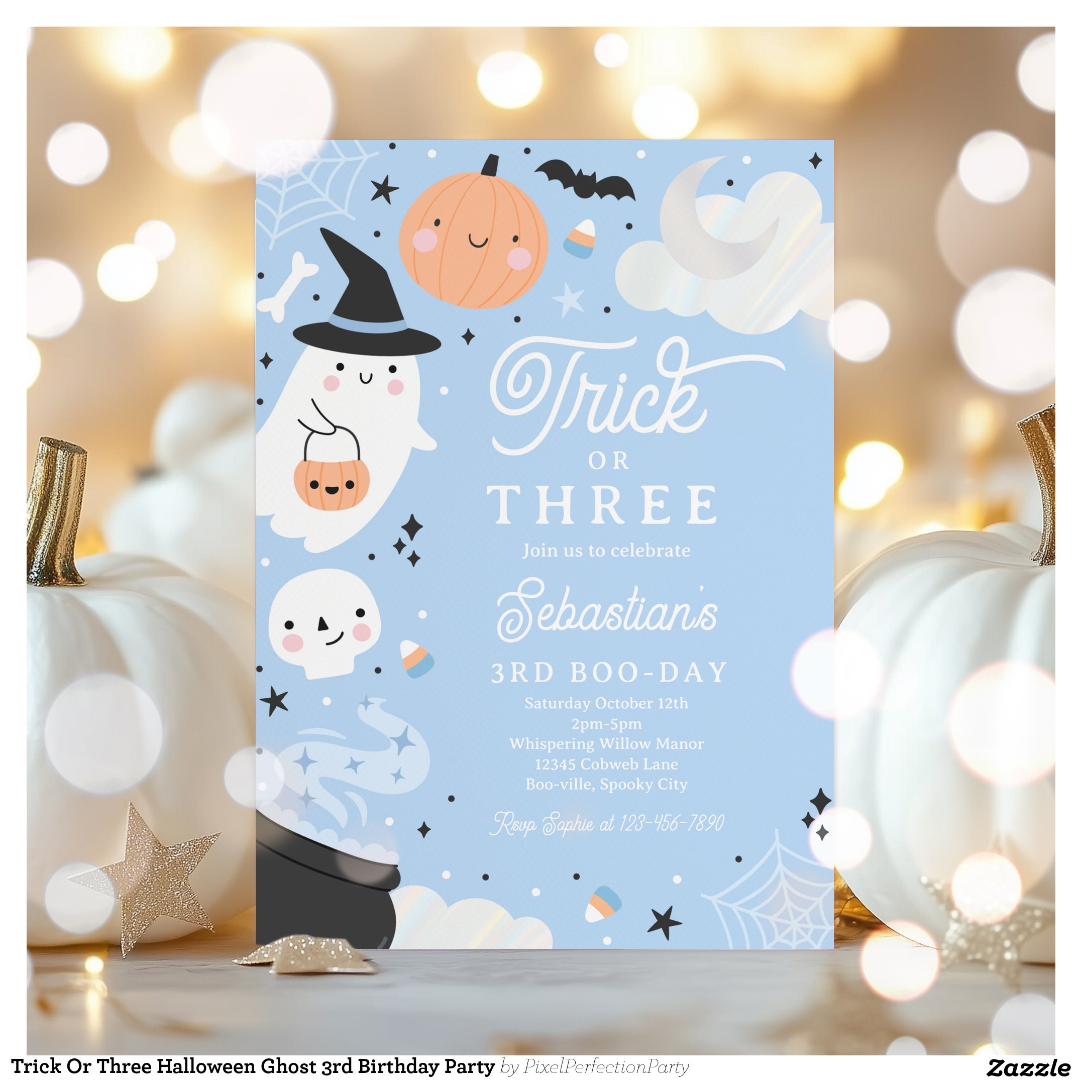 Trick Or Three Halloween Ghost 3rd Birthday Party Invitation