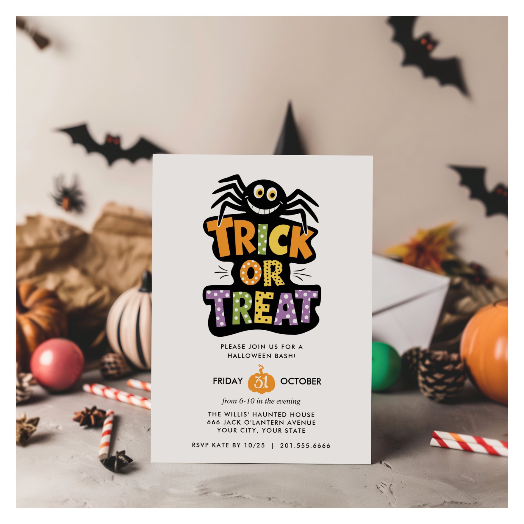 TRICK OR TREAT CUTE SPIDER HALLOWEEN Bash Party Invitation