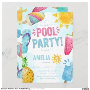 Tropical Summer Pool Party Birthday Invitation