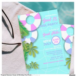 Tropical Summer Sweet 16 Birthday Pool Party Invitation