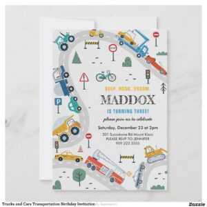 Trucks and Cars Transportation Birthday Invitation