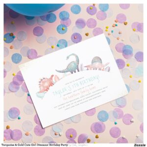 Turquoise & Gold Cute Girl Dinosaur Birthday Party Invitation