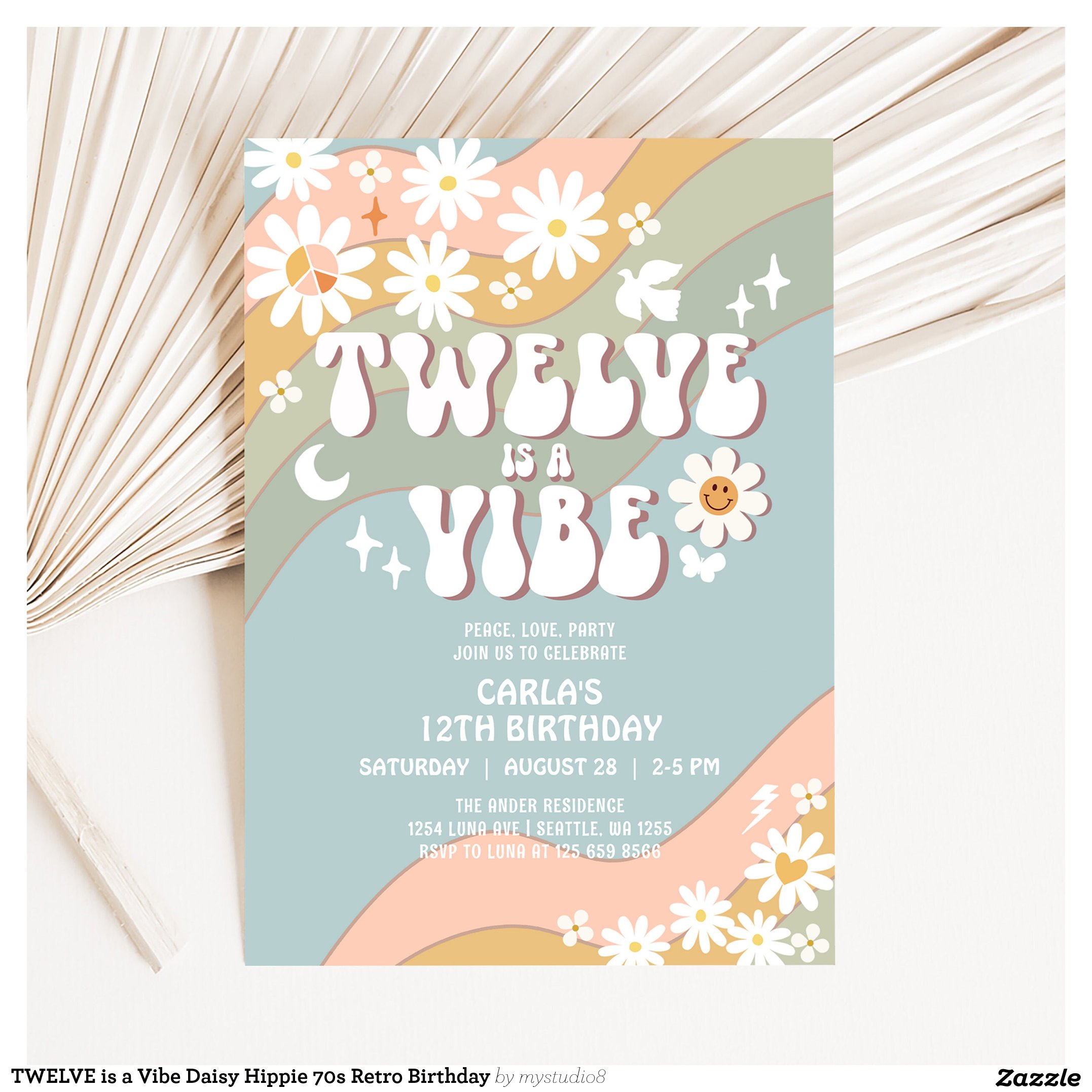 TWELVE is a Vibe Daisy Hippie 70s Retro Birthday Invitation