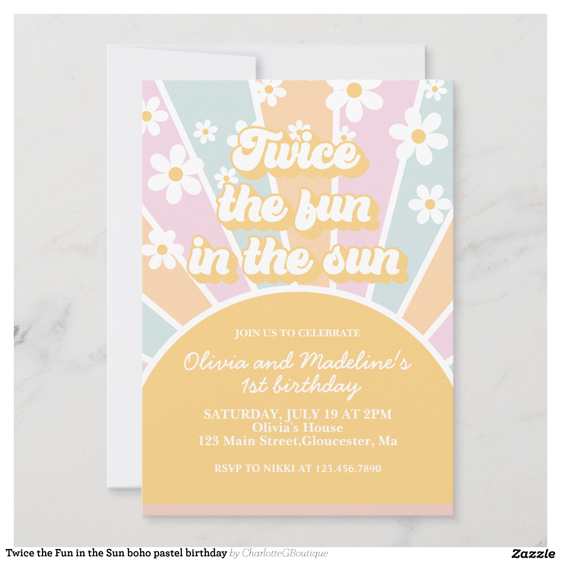 Twice the Fun in the Sun boho pastel birthday Invitation