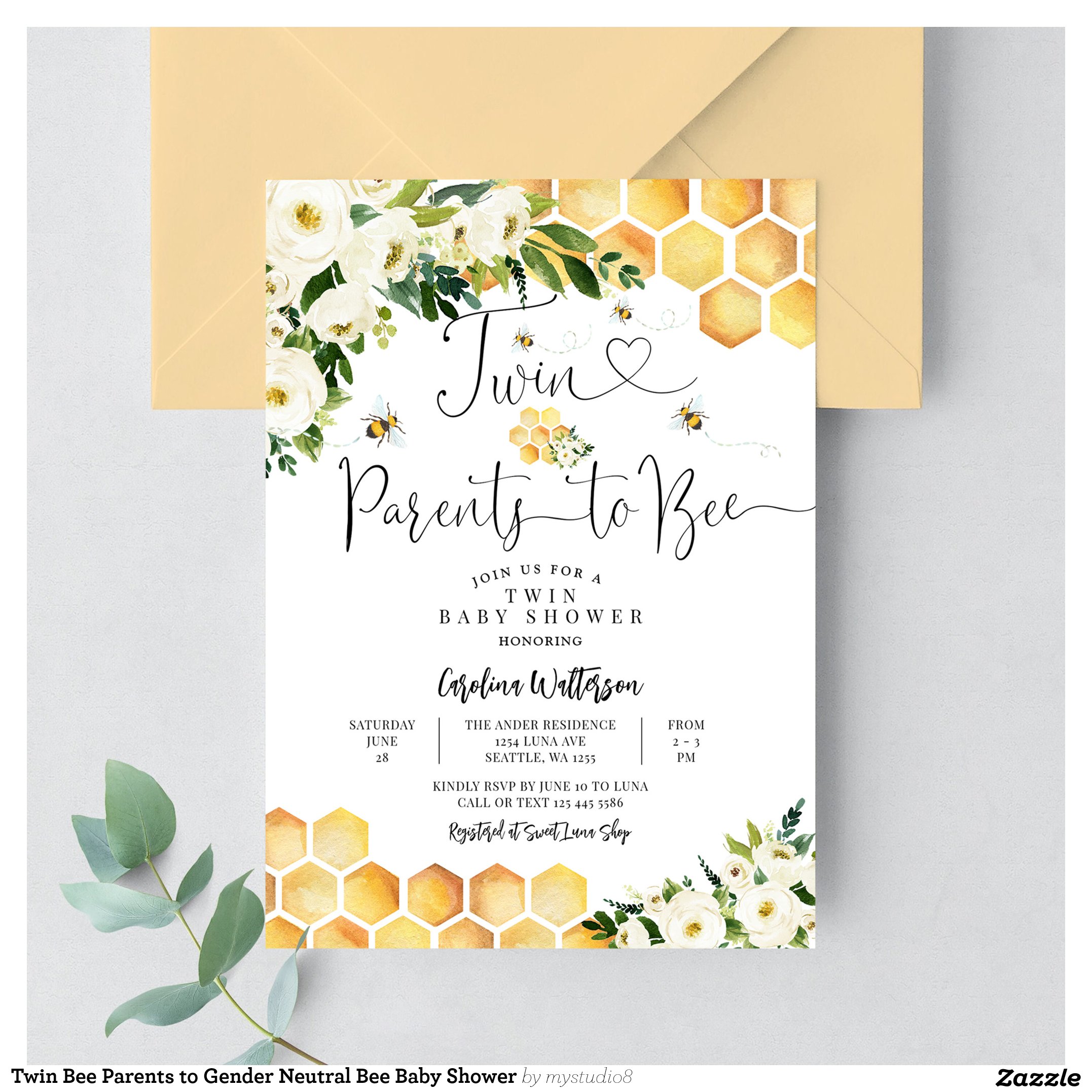 Twin Bee Parents to Gender Neutral Bee Baby Shower Invitation