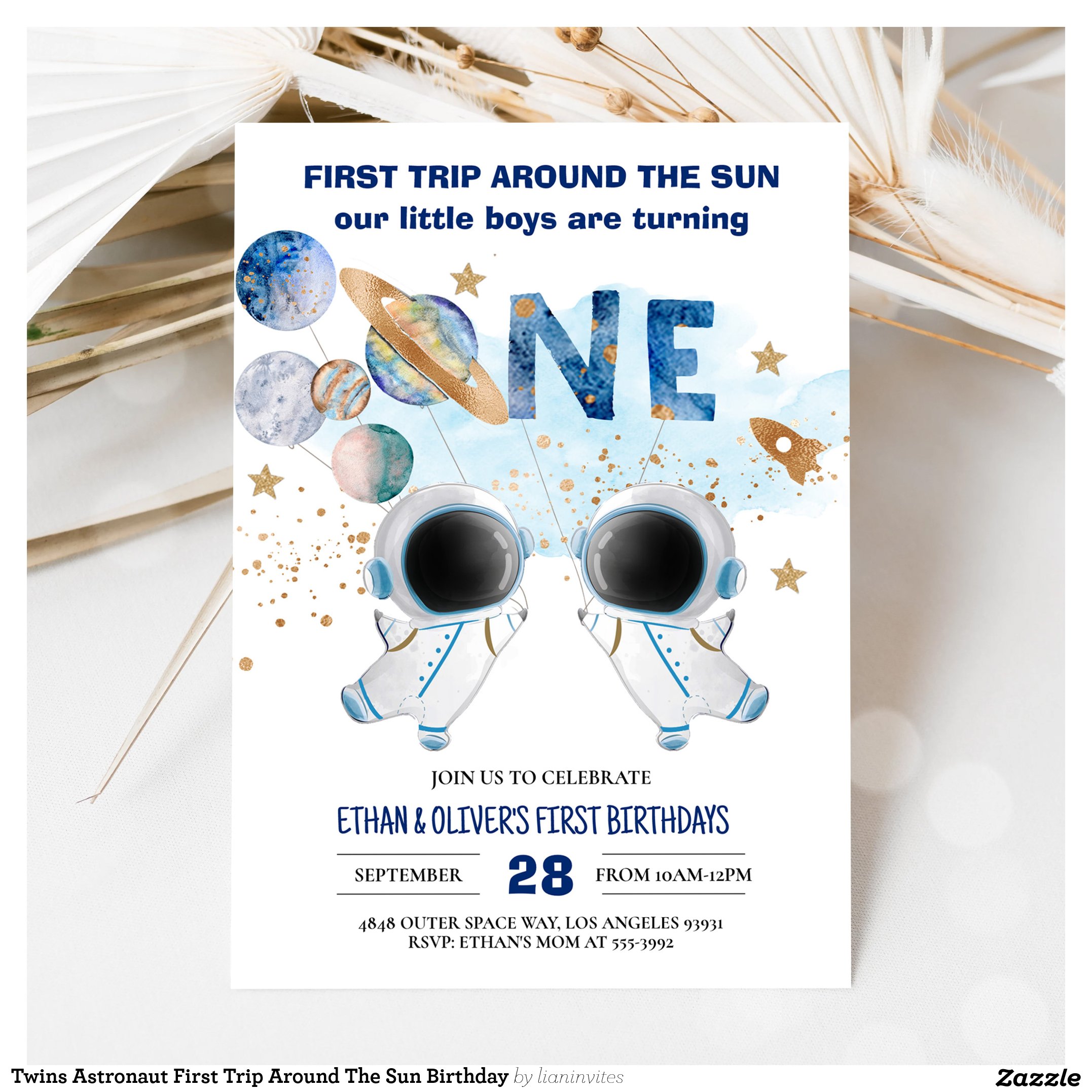 Twins Astronaut First Trip Around The Sun Birthday Invitation