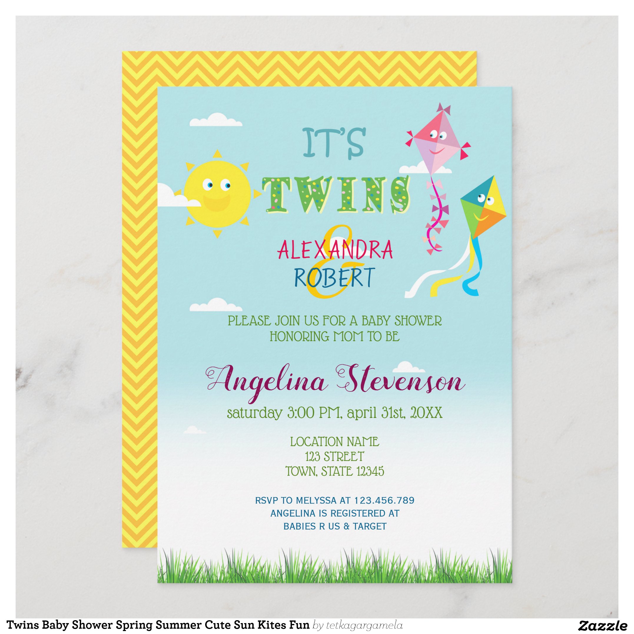 Twins Baby Shower Spring Summer Cute Sun Kites Fun Invitation