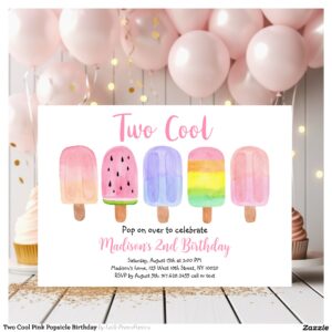 Two Cool Pink Popsicle Birthday Invitation