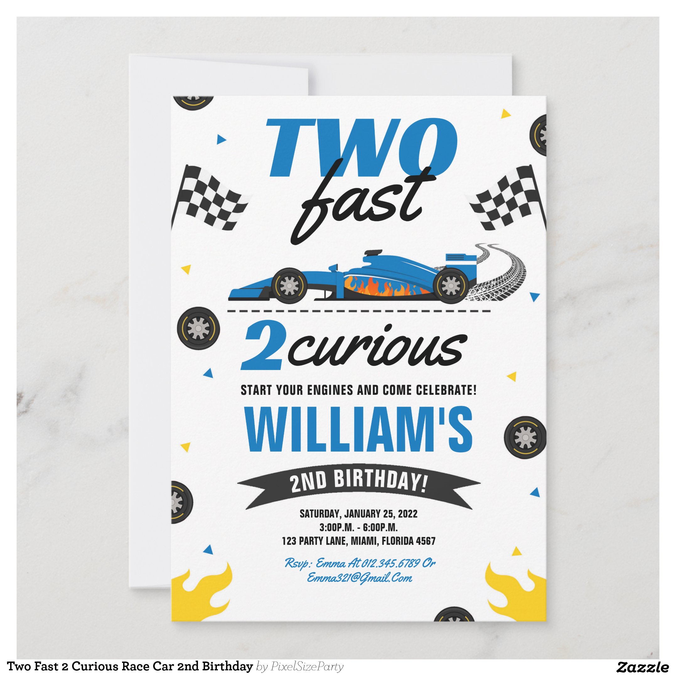 Two Fast 2 Curious Race Car 2nd Birthday Invitation