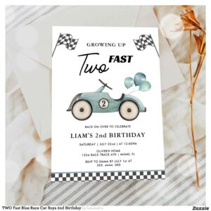 TWO Fast Blue Race Car Boys 2nd Birthday Invitation