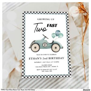 TWO Fast Blue Race Car Boys 2nd Birthday Invitation