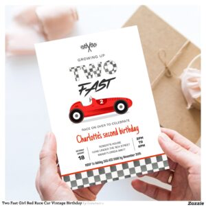 Two Fast Girl Red Race Car Vintage Birthday Invitation