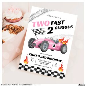 Two Fast Race Pink Car 2nd Girl Birthday Invitation