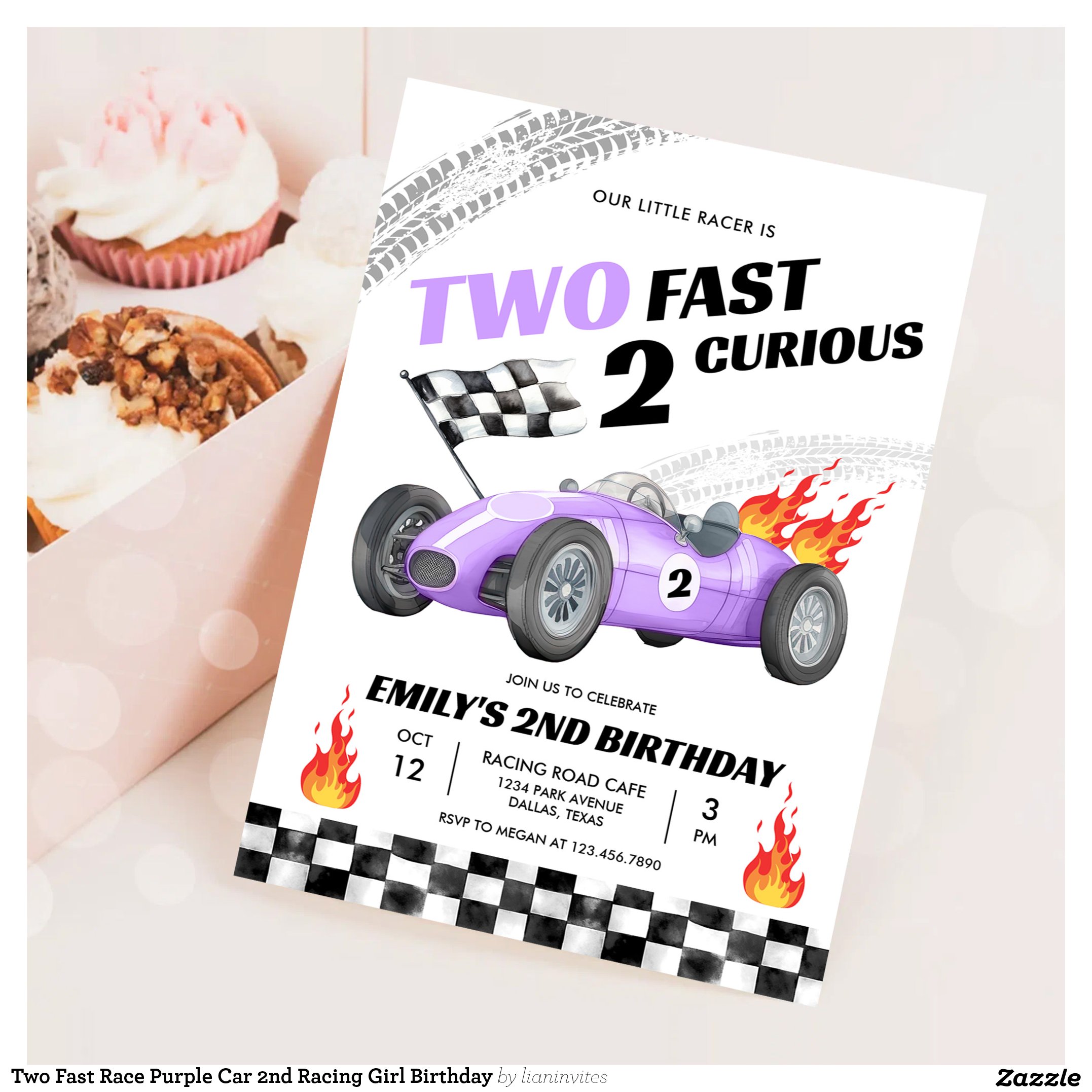 Two Fast Race Purple Car 2nd Racing Girl Birthday Invitation