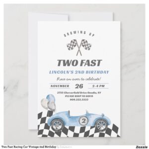Two Fast Racing Car Vintage 2nd Birthday Invitation