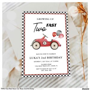 TWO Fast Red Race Car Boys 2nd Birthday Invitation