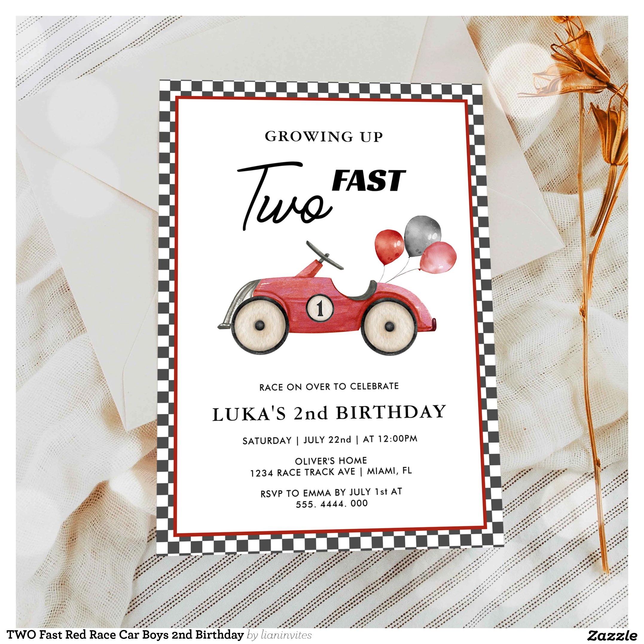 TWO Fast Red Race Car Boys 2nd Birthday Invitation