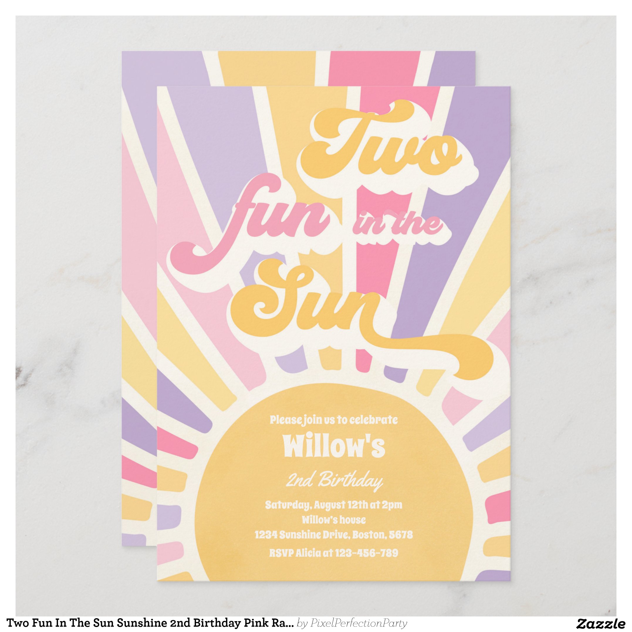 Two Fun In The Sun Sunshine 2nd Birthday Pink Rays Invitation