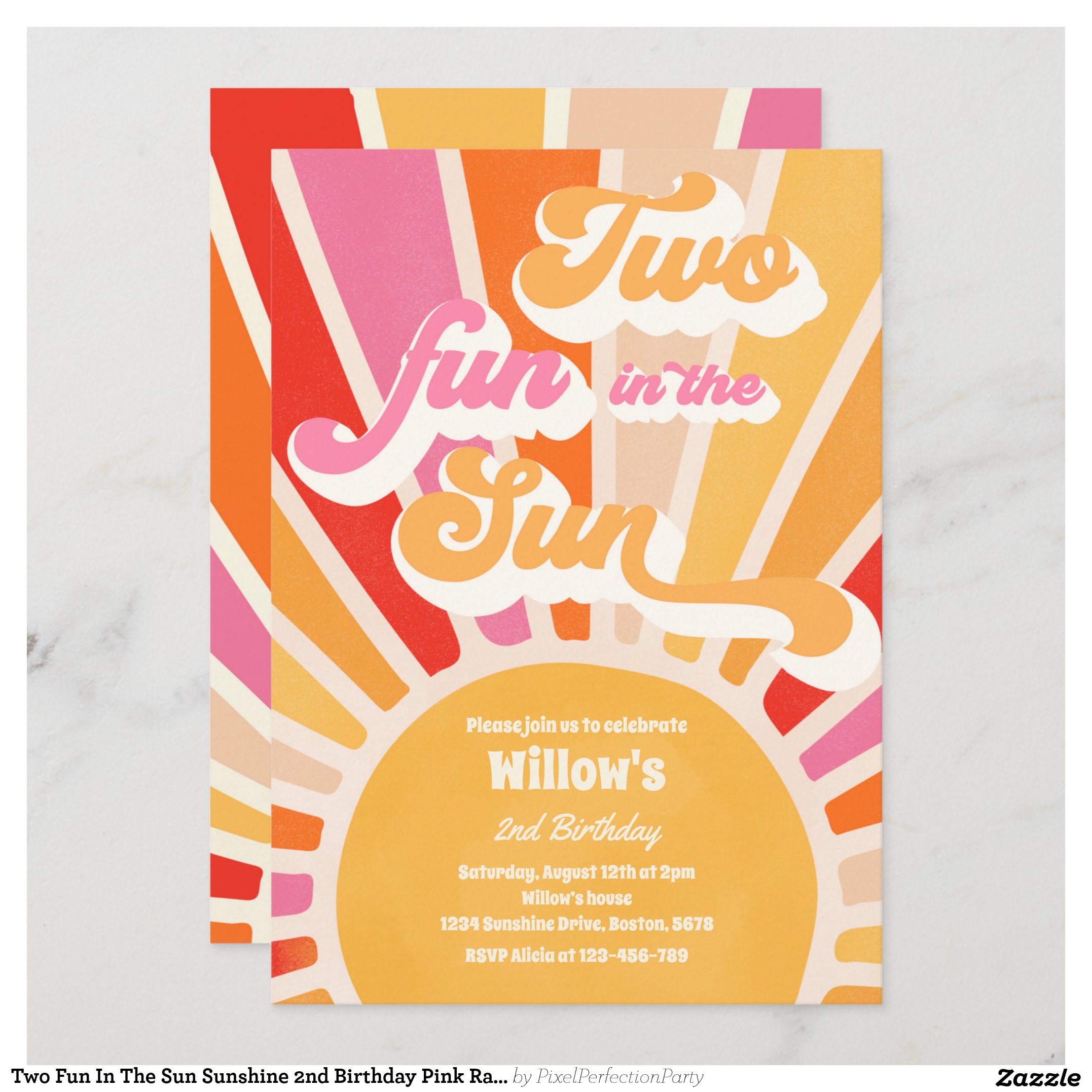 Two Fun In The Sun Sunshine 2nd Birthday Pink Rays Invitation