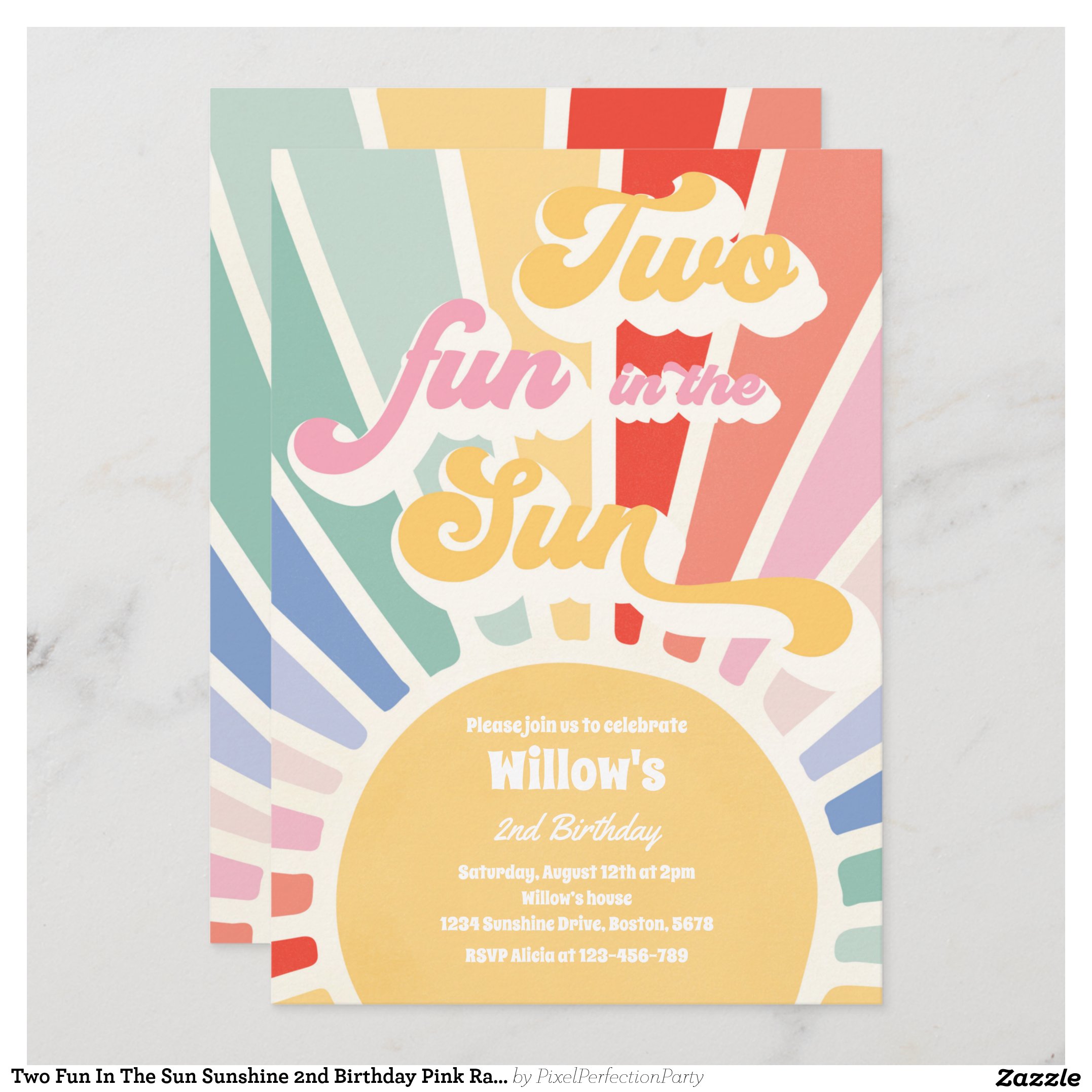 Two Fun In The Sun Sunshine 2nd Birthday Pink Rays Invitation