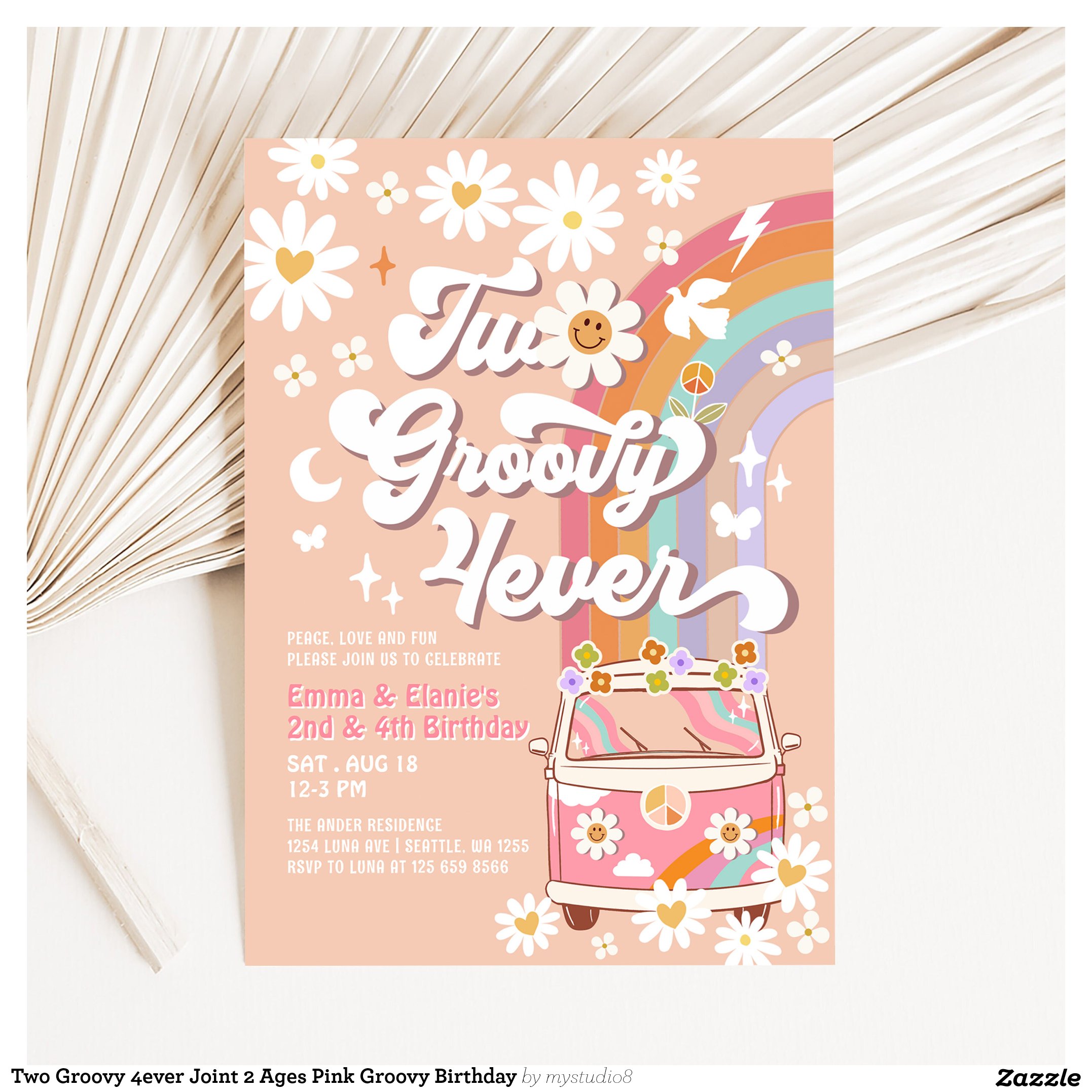 Two Groovy 4ever Joint 2 Ages Pink Groovy Birthday Invitation