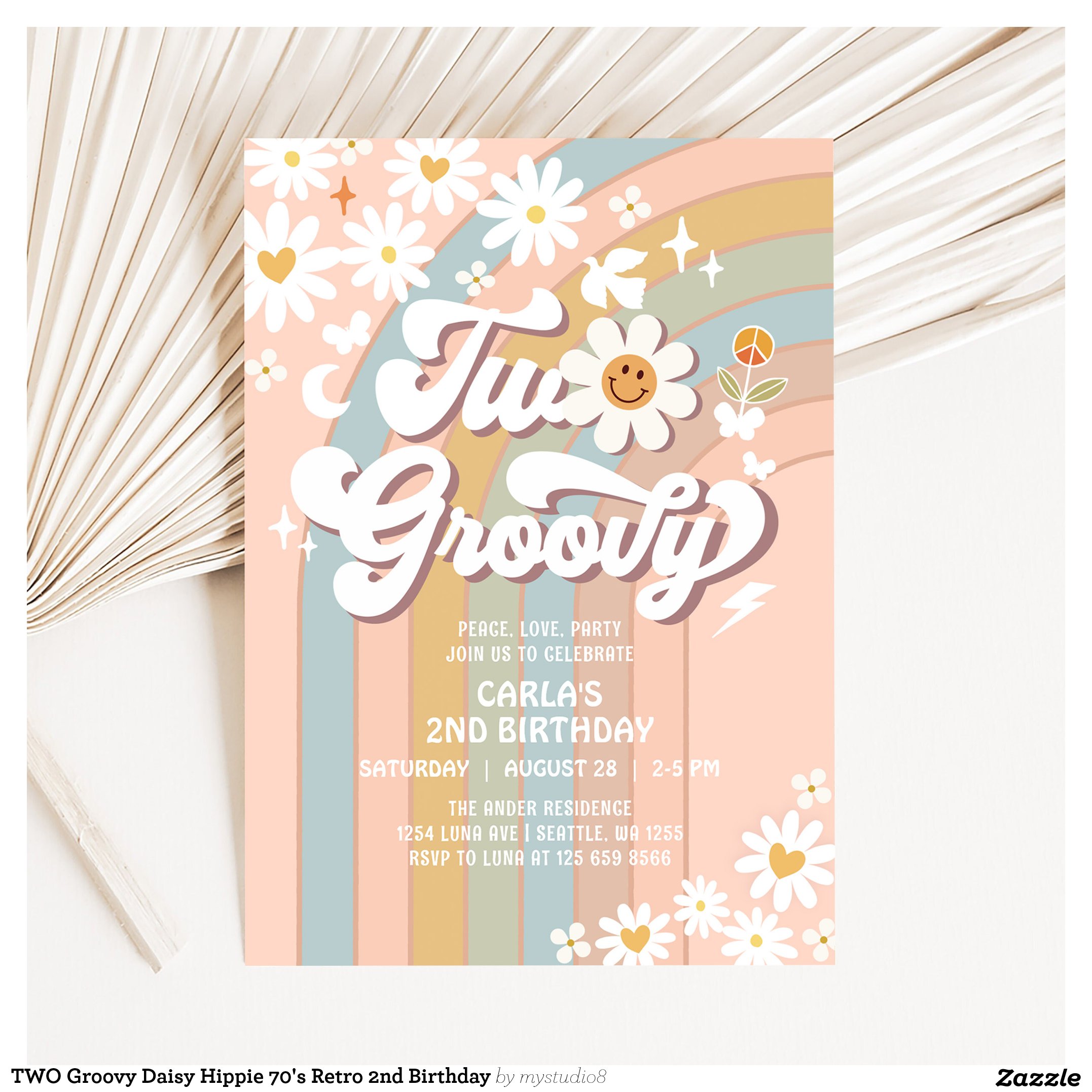 TWO Groovy Daisy Hippie 70's Retro 2nd Birthday Invitation
