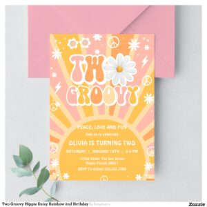 two_groovy_hippie_daisy_rainbow_2nd_birthday_invitation-r_ze8vzk_2154 Two Groovy Hippie Daisy Rainbow 2nd Birthday Invitation