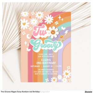 two_groovy_hippie_daisy_rainbow_2nd_birthday_invitation-r_zkmavz_2154 Two Groovy Hippie Daisy Rainbow 2nd Birthday Invitation