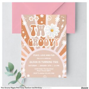 two_groovy_hippie_pink_daisy_rainbow_2nd_birthday_invitation-r_ze8v6p_2154 Two Groovy Hippie Pink Daisy Rainbow 2nd Birthday Invitation