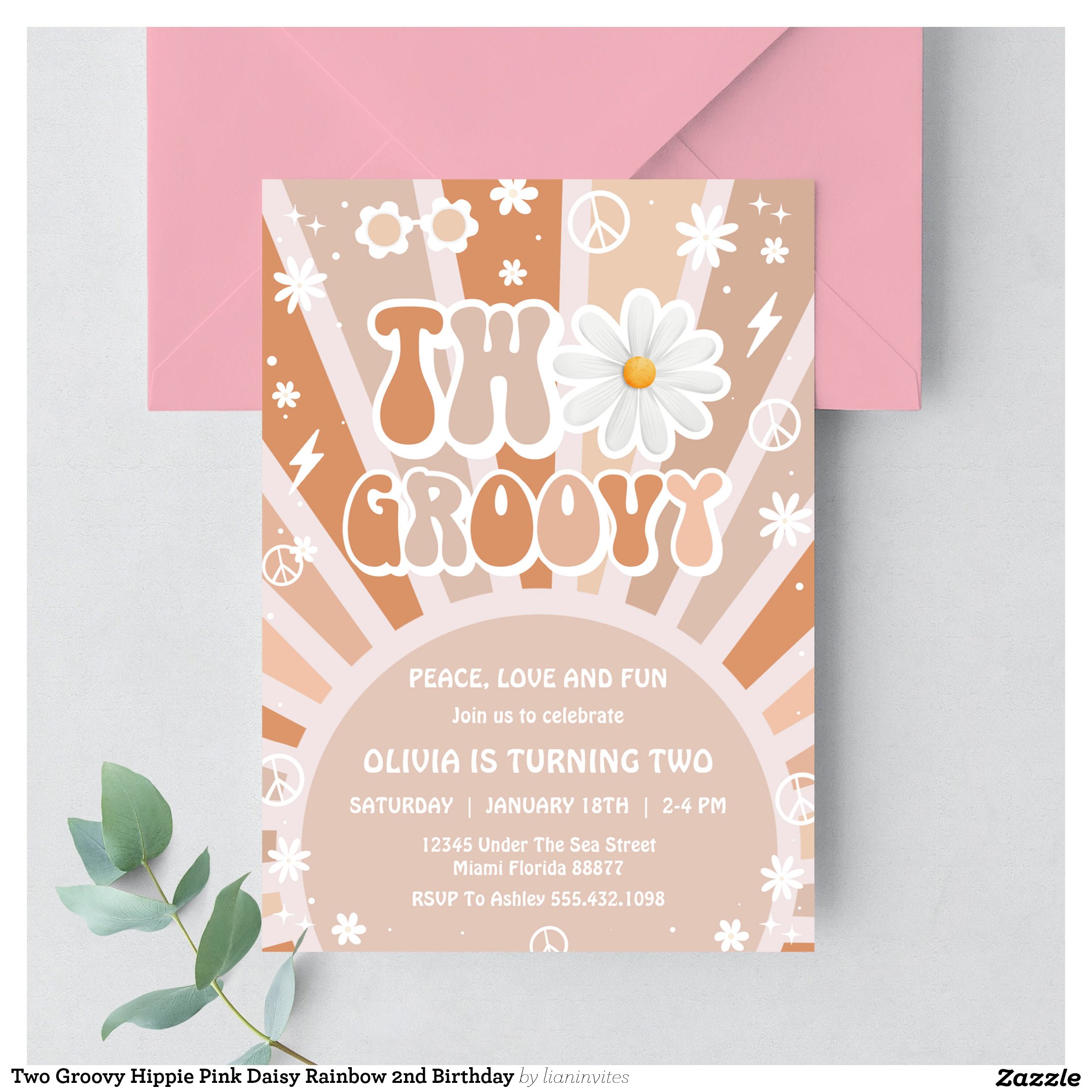 Two Groovy Hippie Pink Daisy Rainbow 2nd Birthday Invitation