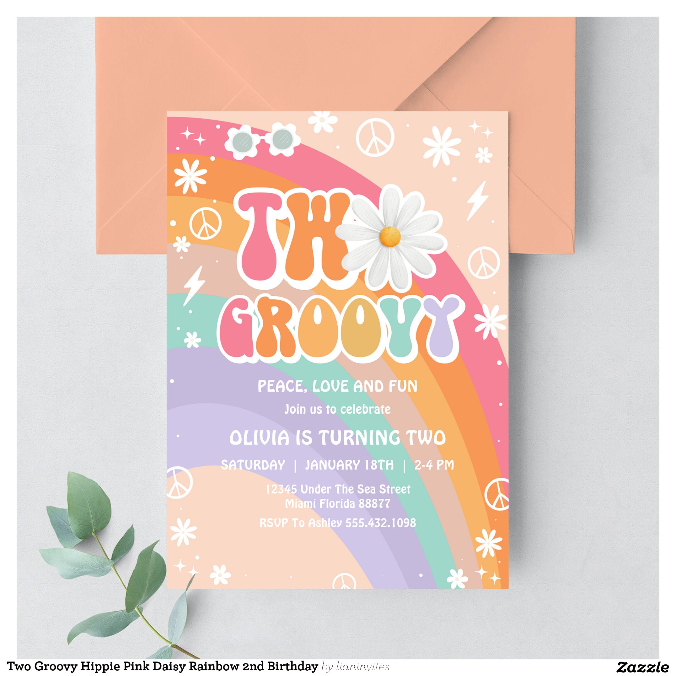 Two Groovy Hippie Pink Daisy Rainbow 2nd Birthday Invitation