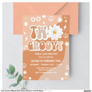two_groovy_hippie_pink_daisy_rainbow_2nd_birthday_invitation-r_ze8vjn_2154 Two Groovy Hippie Pink Daisy Rainbow 2nd Birthday Invitation