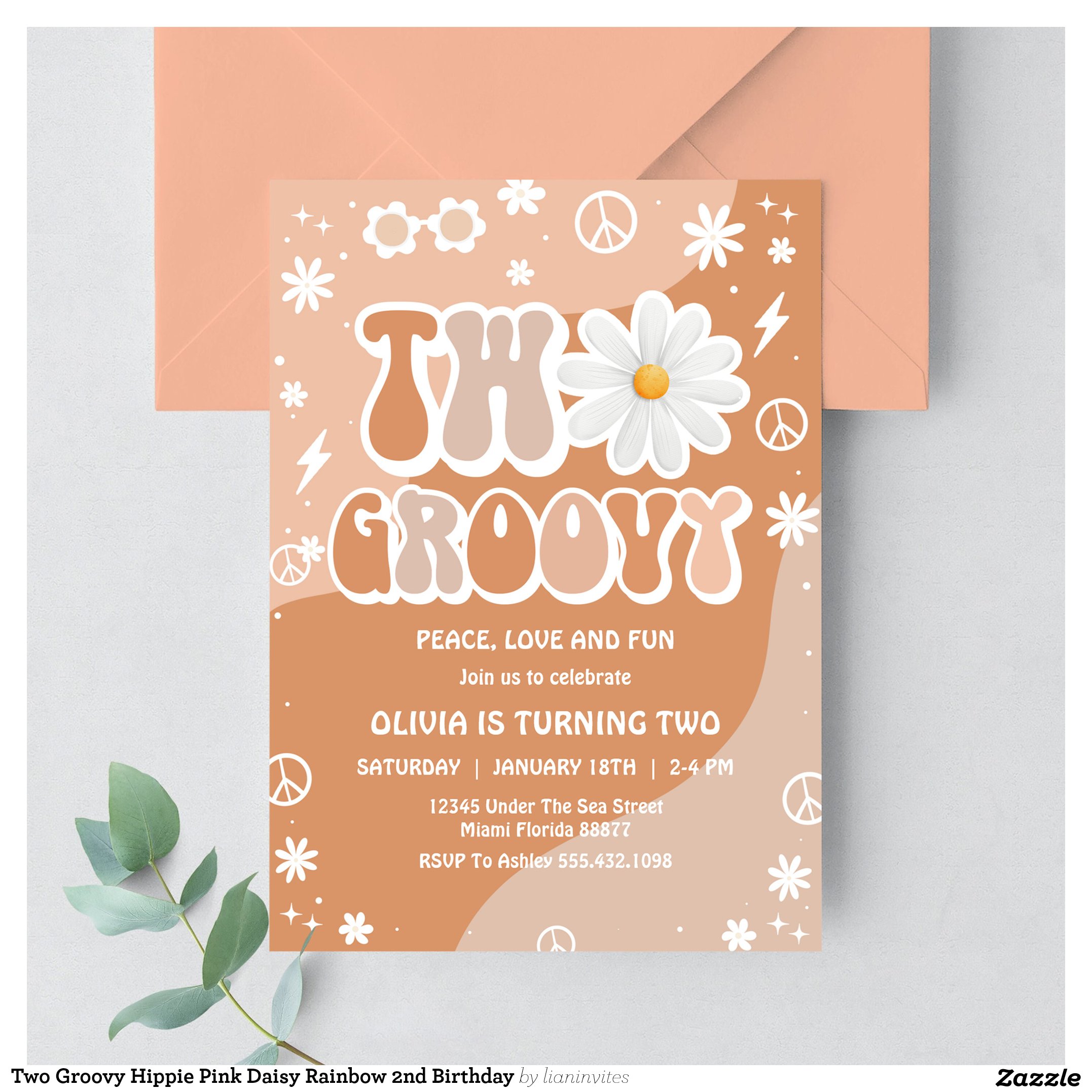 Two Groovy Hippie Pink Daisy Rainbow 2nd Birthday Invitation