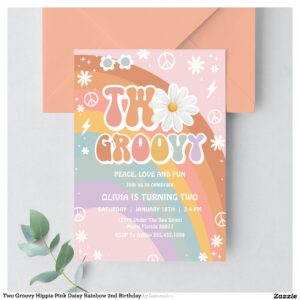 Two Groovy Hippie Pink Daisy Rainbow 2nd Birthday Invitation