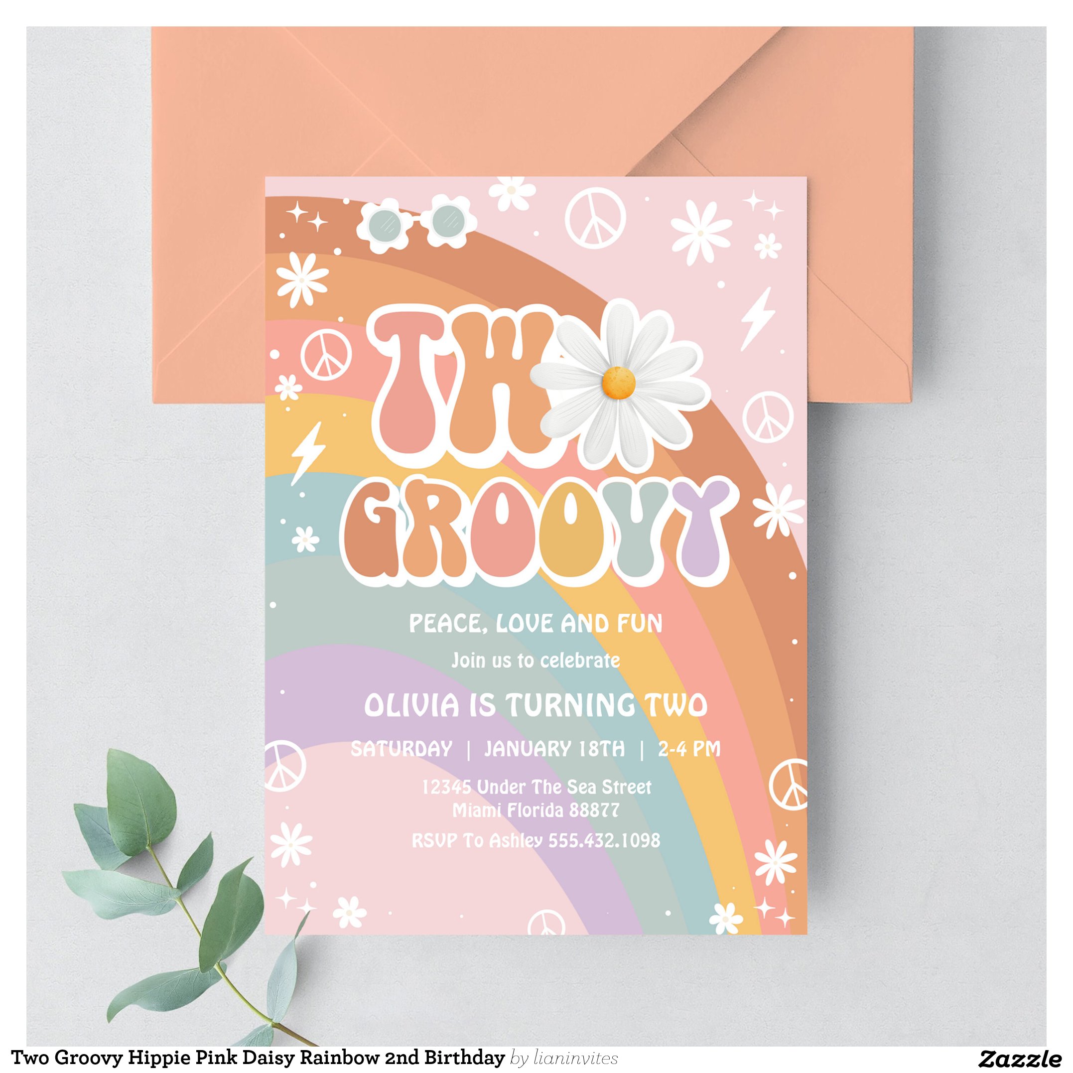 Two Groovy Hippie Pink Daisy Rainbow 2nd Birthday Invitation