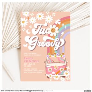 Two Groovy Pink Daisy Rainbow Hippie 2nd Birthday Invitation