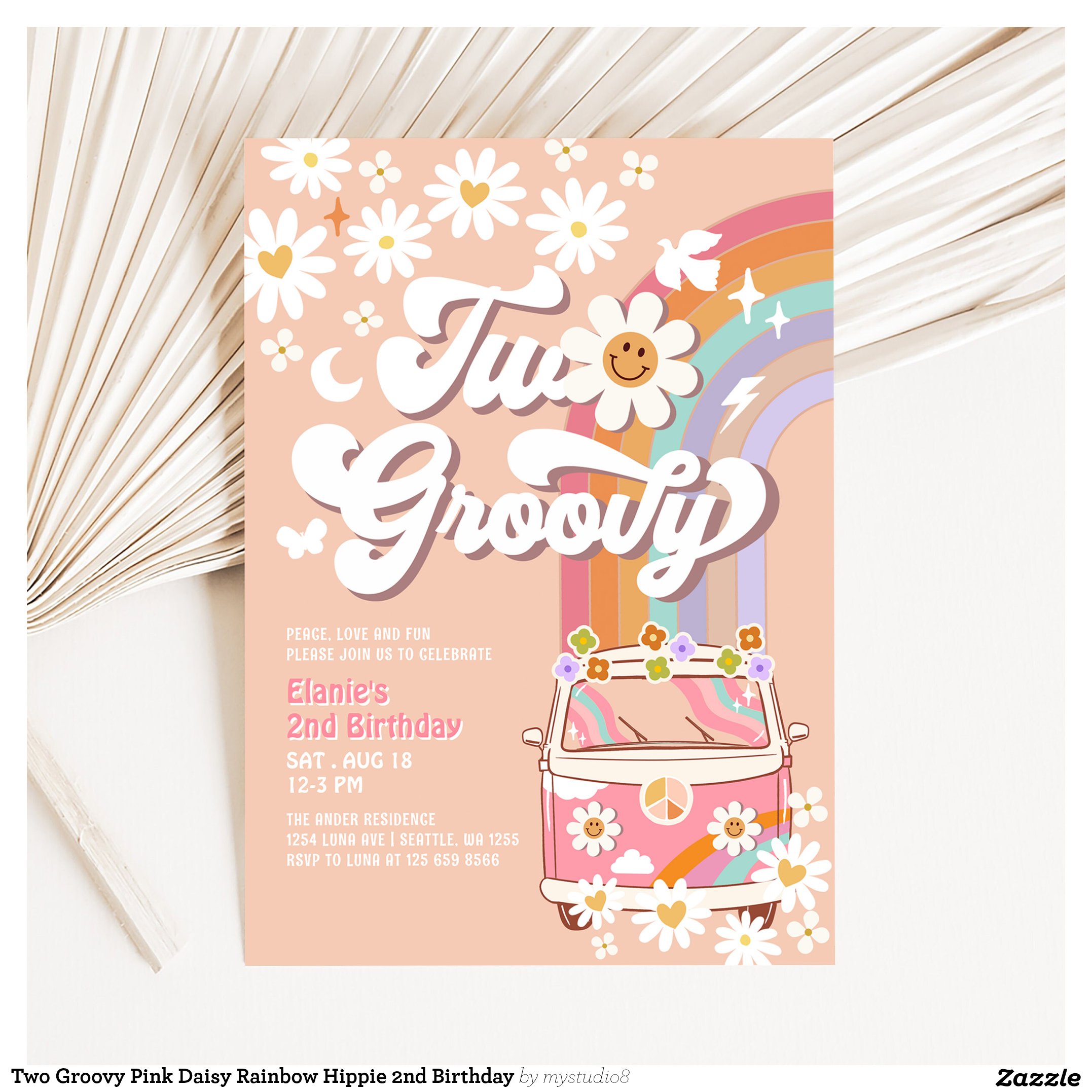 Two Groovy Pink Daisy Rainbow Hippie 2nd Birthday Invitation