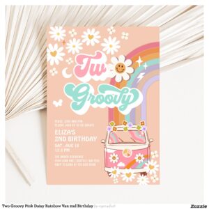 Two Groovy Pink Daisy Rainbow Van 2nd Birthday Invitation