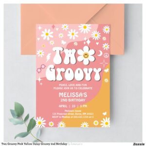 Two Groovy Pink Yellow Daisy Groovy 2nd Birthday Invitation