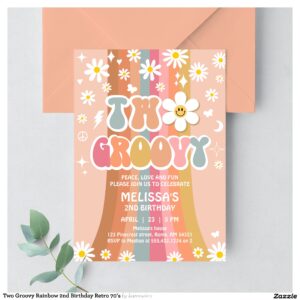 Two Groovy Rainbow 2nd Birthday Retro 70's Invitation