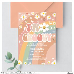 TWO Groovy Rainbow Hippie Retro 2nd Birthday Invitation