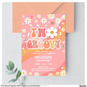 Two Groovy Rainbow Retro Hippie 70s 2nd Birthday Invitation