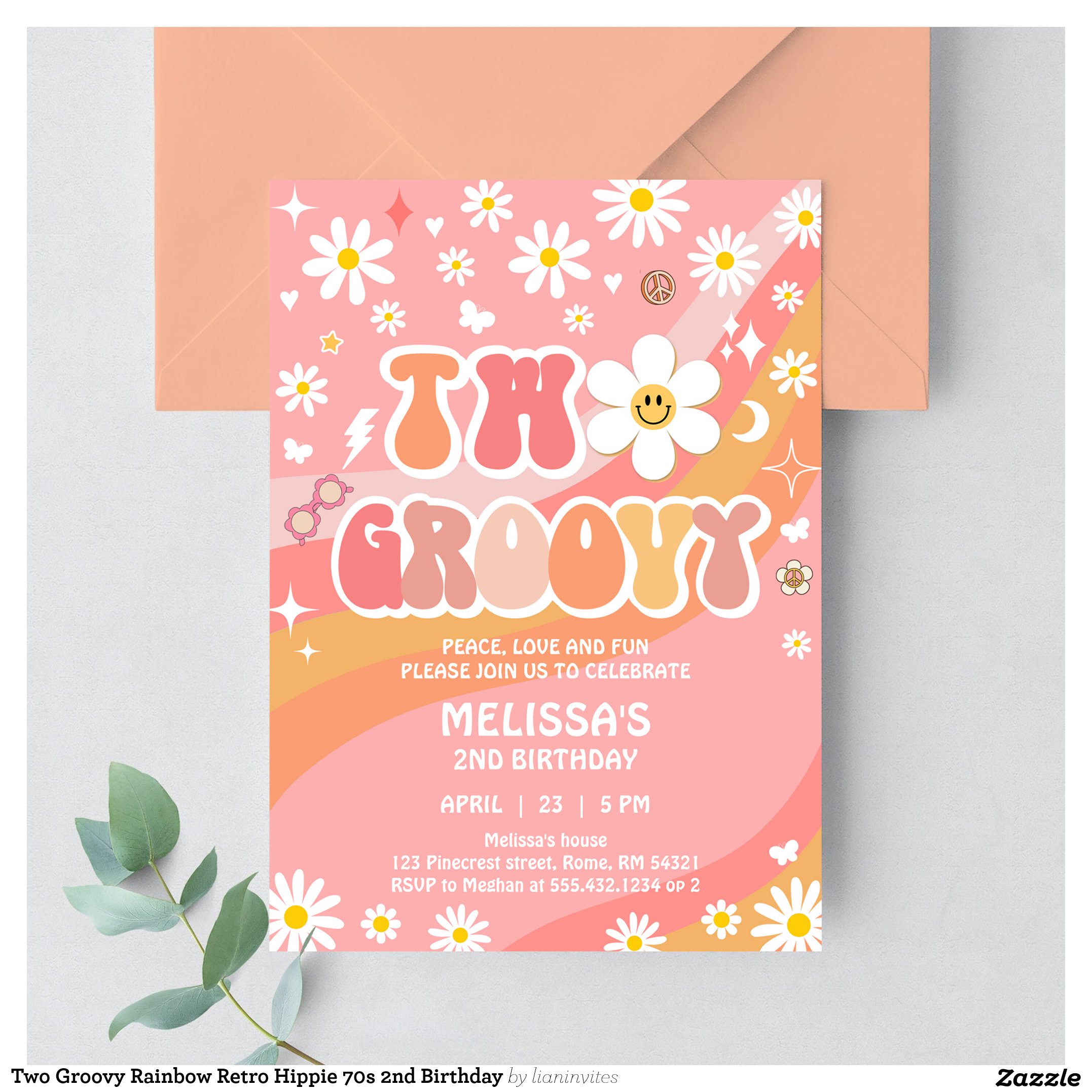 Two Groovy Rainbow Retro Hippie 70s 2nd Birthday Invitation