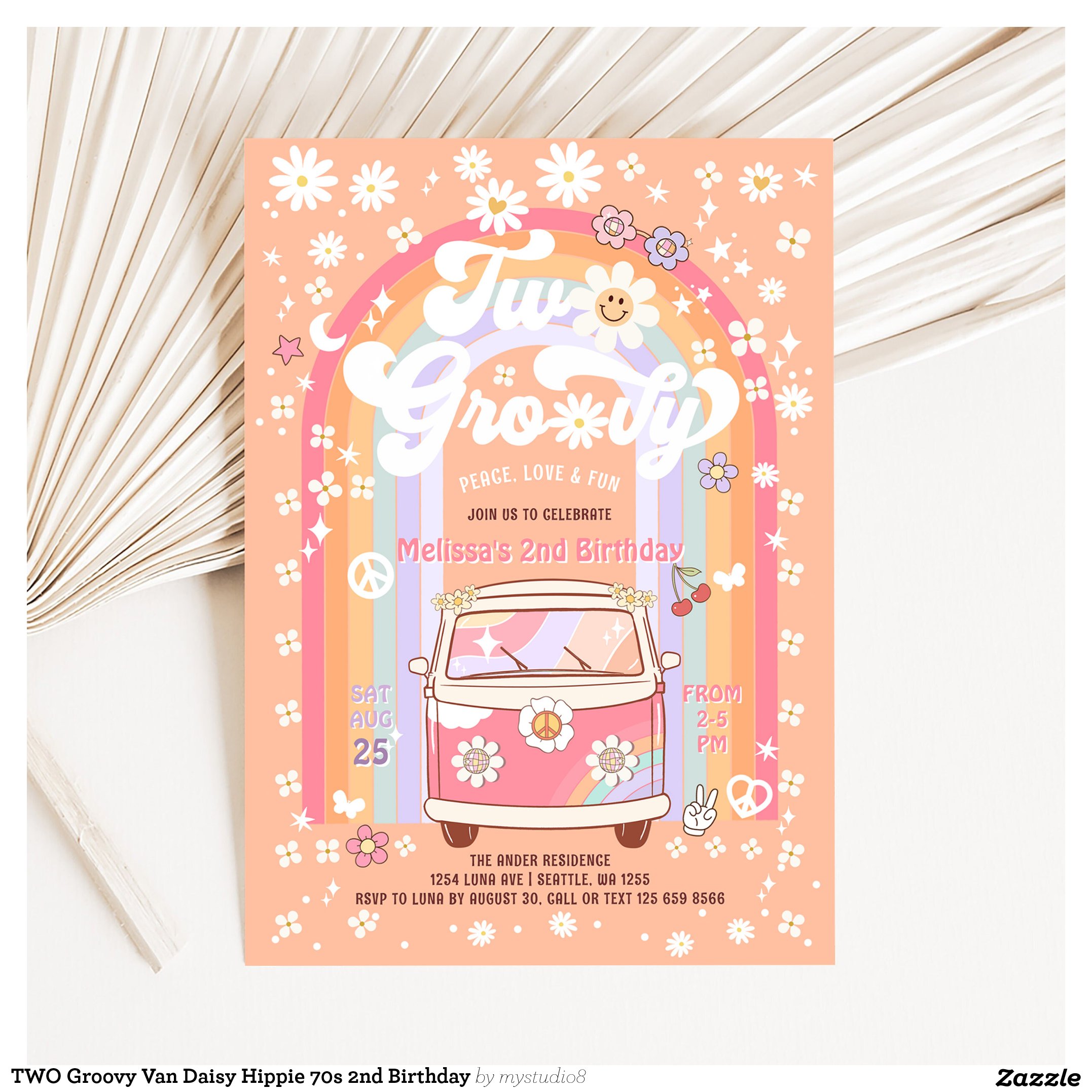TWO Groovy Van Daisy Hippie 70s 2nd Birthday Invitation