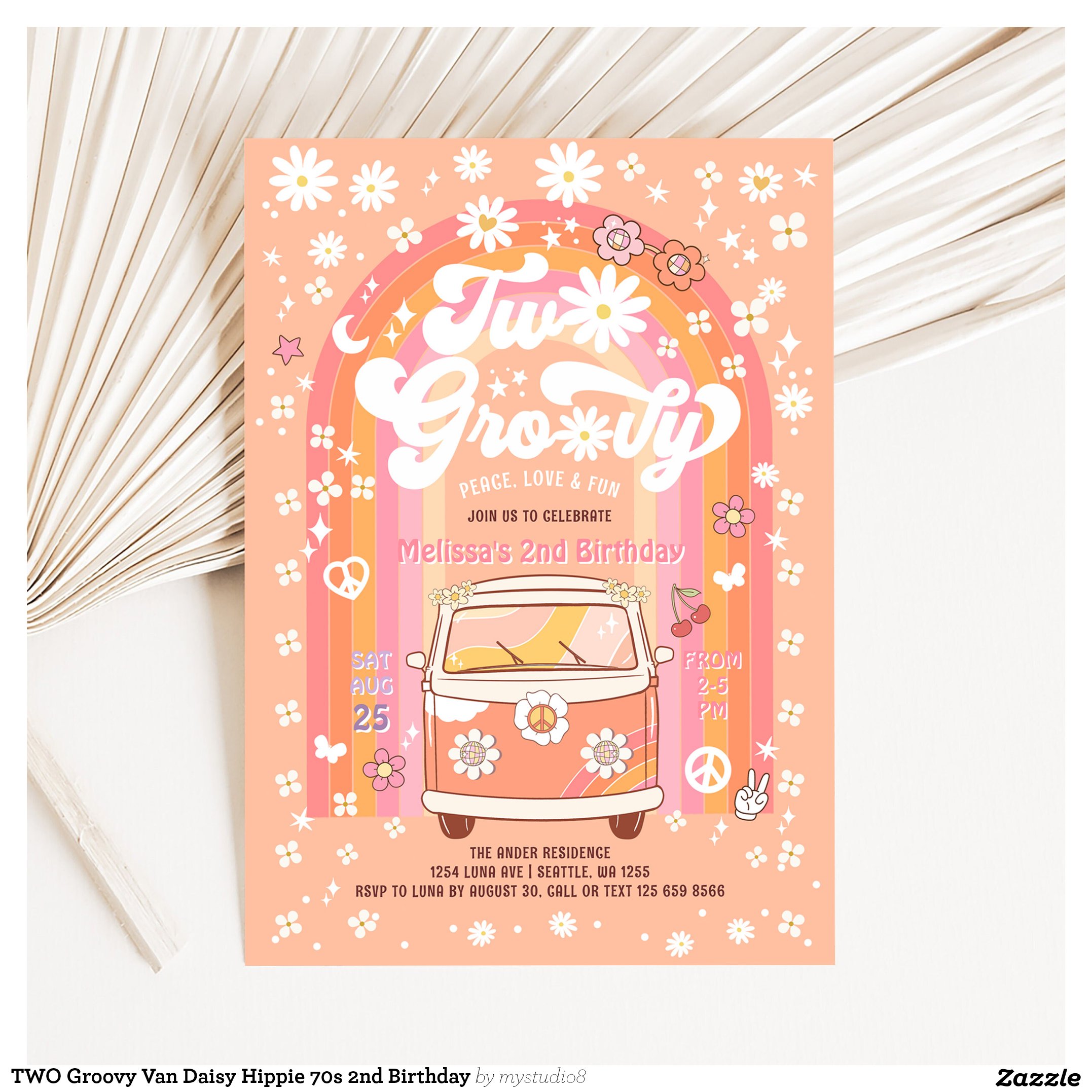 TWO Groovy Van Daisy Hippie 70s 2nd Birthday Invitation