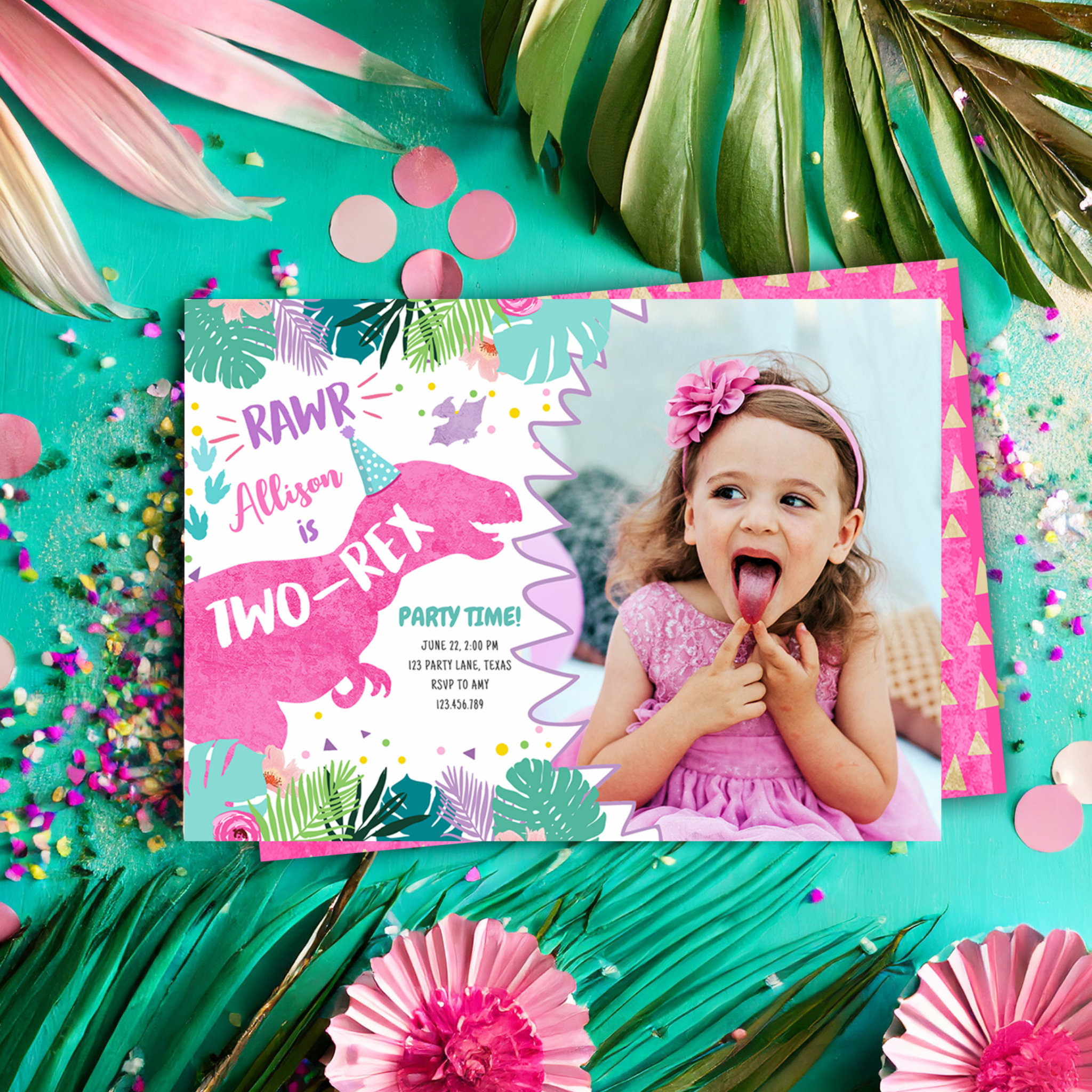 Two-Rex Pink Dinosaur Girl 2nd Second Birthday Invitation