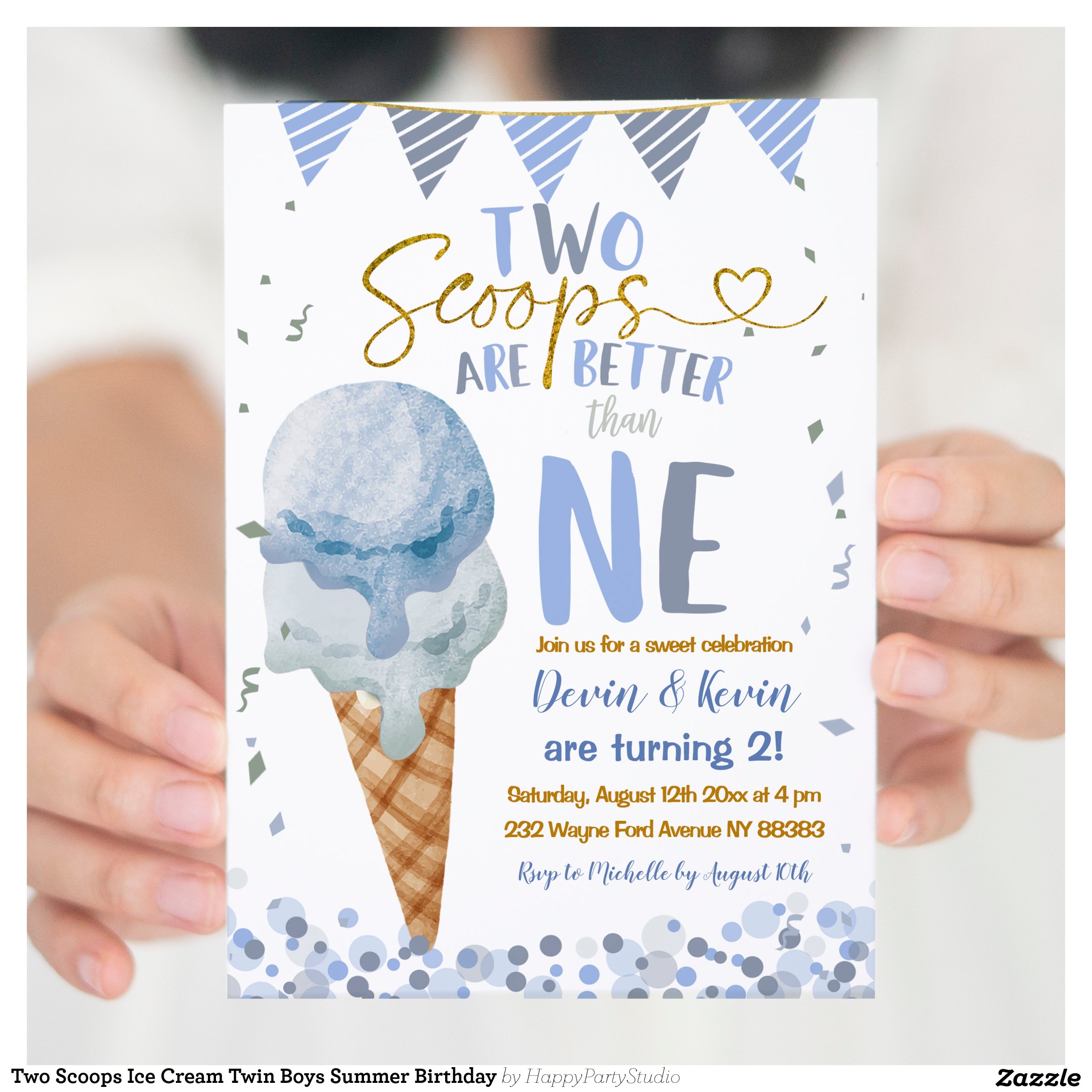 Two Scoops Ice Cream Twin Boys Summer Birthday Invitation