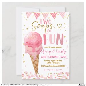 Two Scoops Of Fun Pink Ice Cream Birthday Party Invitation