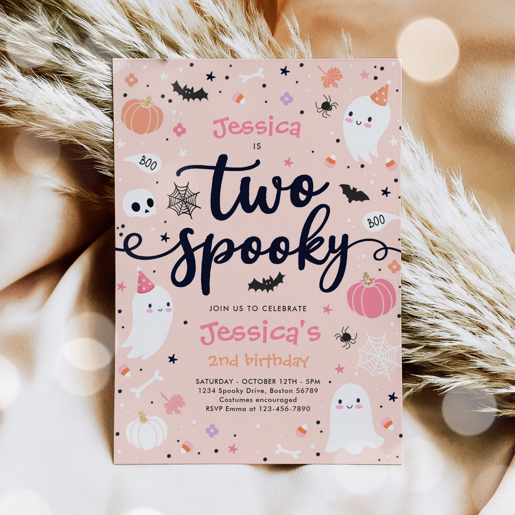 Two Spooky Cute Halloween Ghost 2nd Birthday Party Invitation